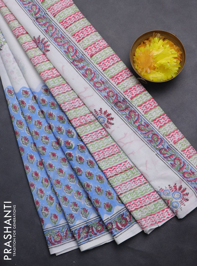 Jaipur cotton saree off white and blue with butta prints and printed border