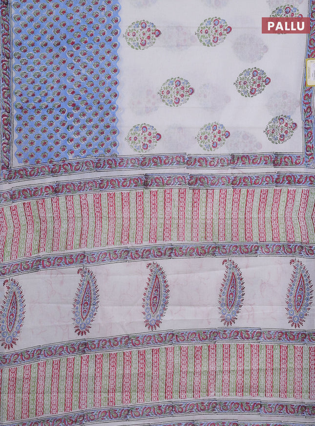 Jaipur cotton saree off white and blue with butta prints and printed border