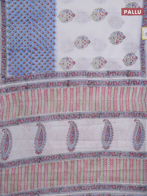 Jaipur cotton saree off white and blue with butta prints and printed border