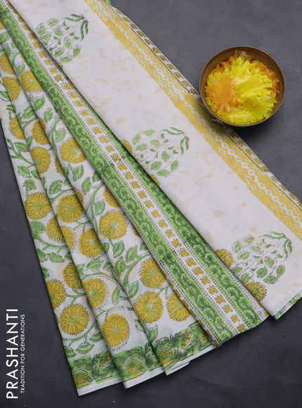 Jaipur cotton saree off white and light green with allover floral prints and printed border