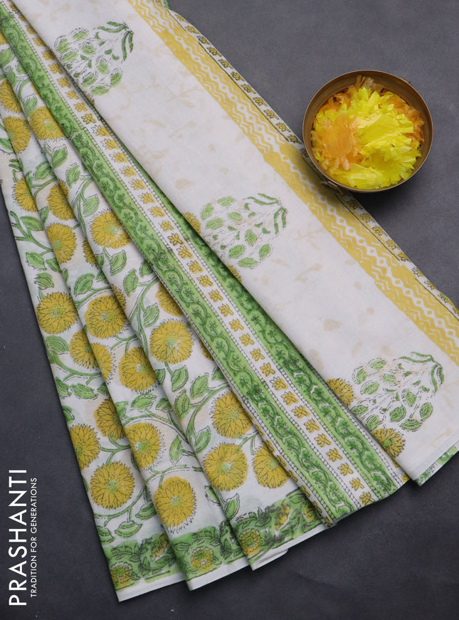 Jaipur cotton saree off white and light green with allover floral prints and printed border