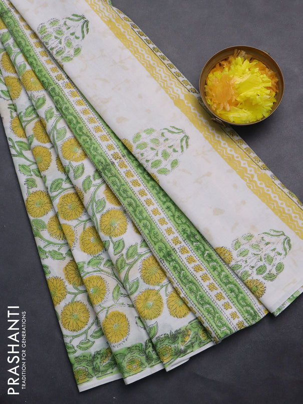Jaipur cotton saree off white and light green with allover floral prints and printed border