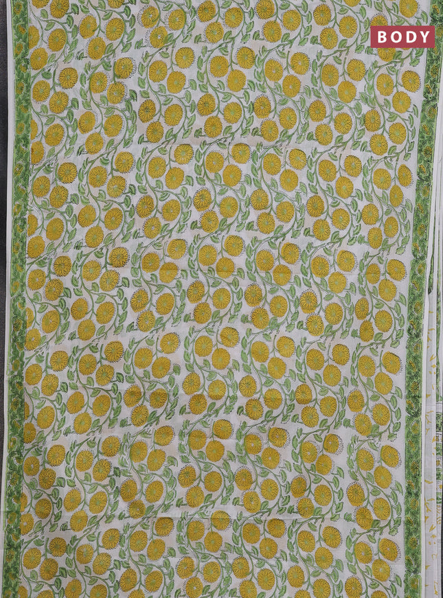 Jaipur cotton saree off white and light green with allover floral prints and printed border