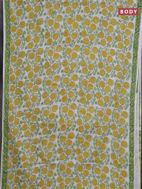 Jaipur cotton saree off white and light green with allover floral prints and printed border