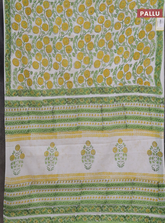Jaipur cotton saree off white and light green with allover floral prints and printed border