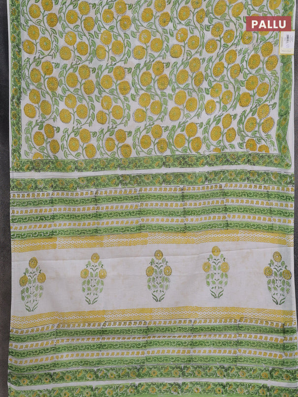 Jaipur cotton saree off white and light green with allover floral prints and printed border
