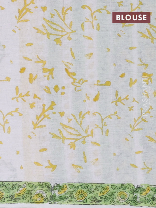 Jaipur cotton saree off white and light green with allover floral prints and printed border