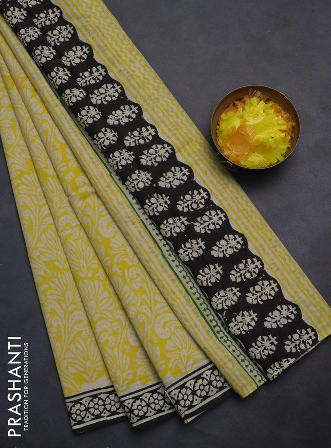 Jaipur cotton saree yellow and black with allover prints and printed border