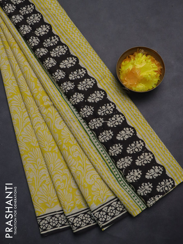Jaipur cotton saree yellow and black with allover prints and printed border