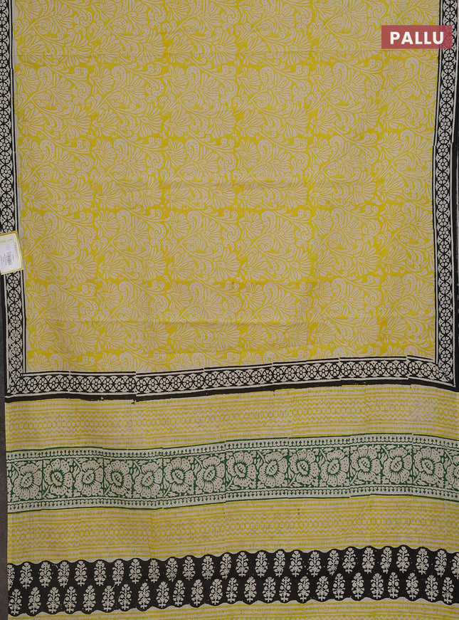 Jaipur cotton saree yellow and black with allover prints and printed border