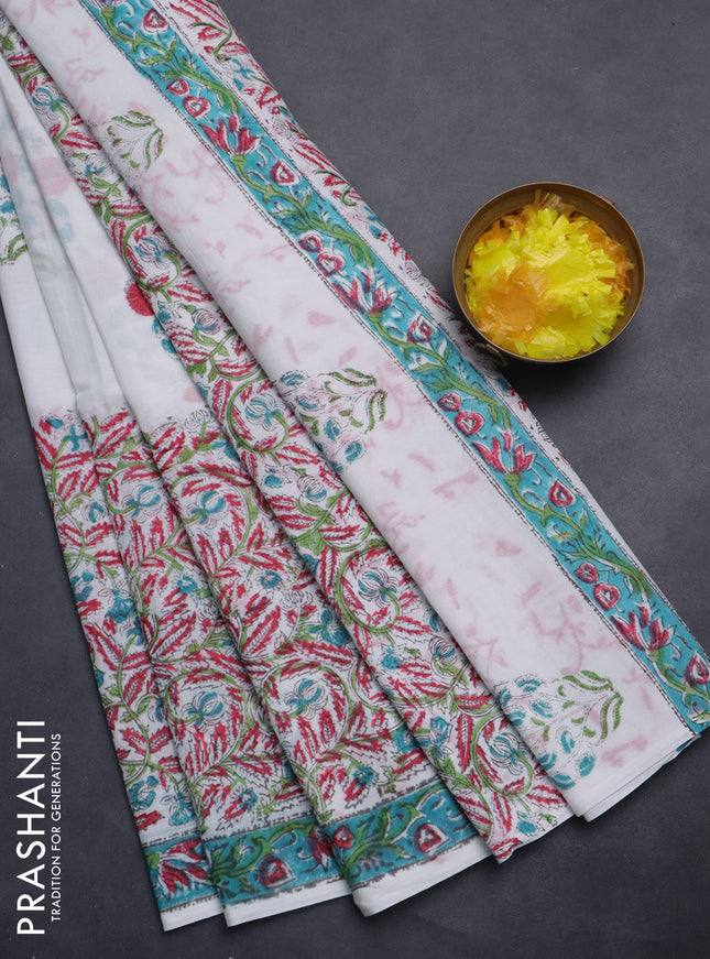 Jaipur cotton saree off white with floral butta prints and printed border