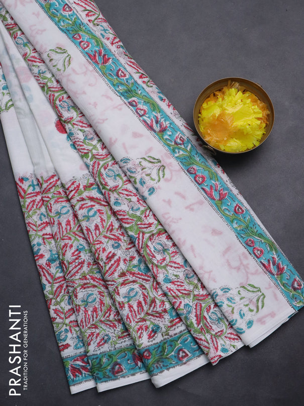 Jaipur cotton saree off white with floral butta prints and printed border