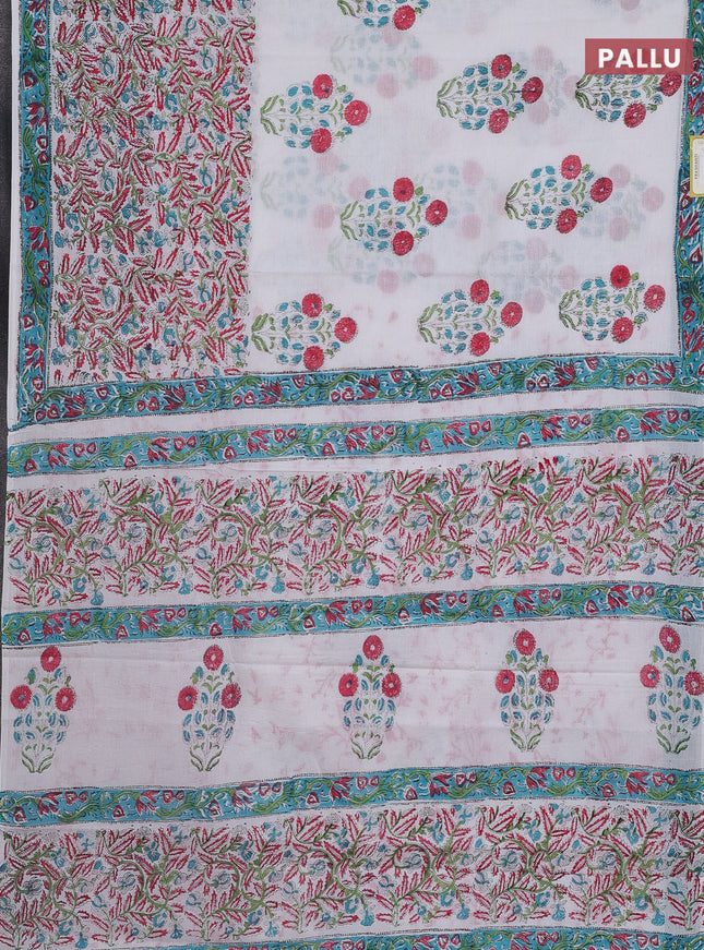 Jaipur cotton saree off white with floral butta prints and printed border