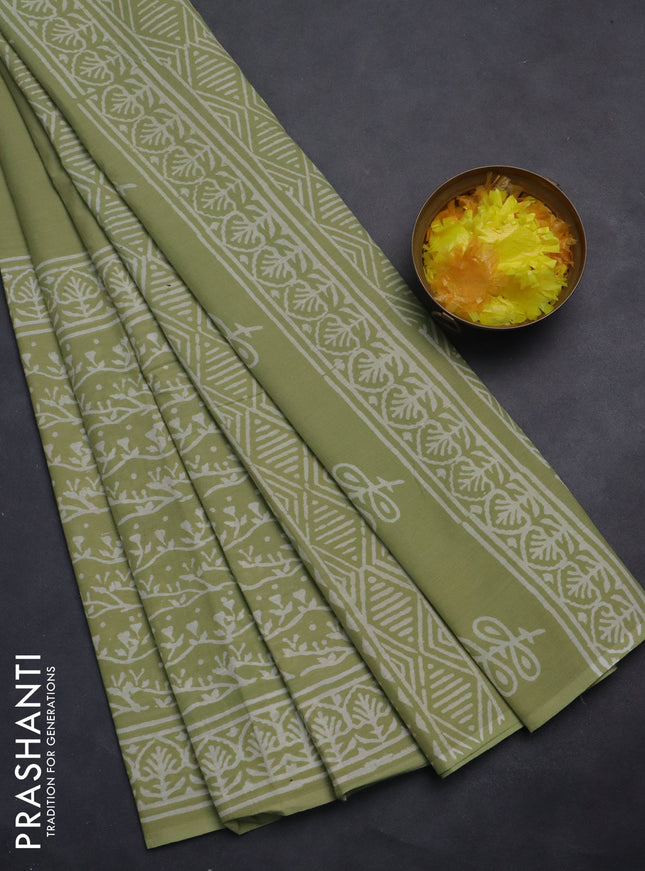 Jaipur cotton saree pista green with allover prints and printed border