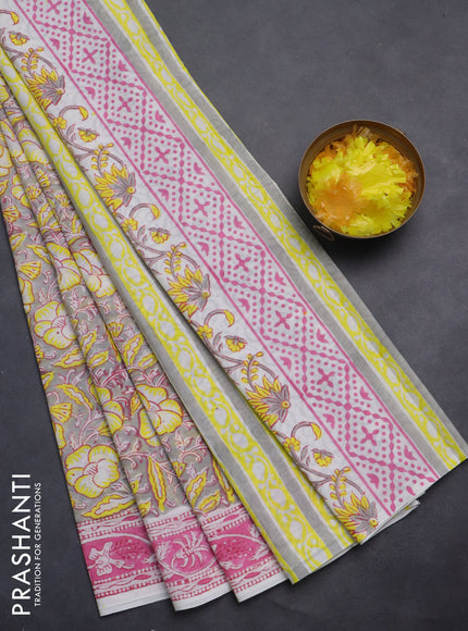 Jaipur cotton saree grey and pink with allover floral prints and printed border