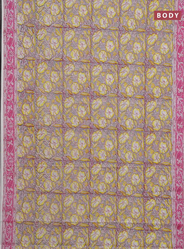 Jaipur cotton saree grey and pink with allover floral prints and printed border