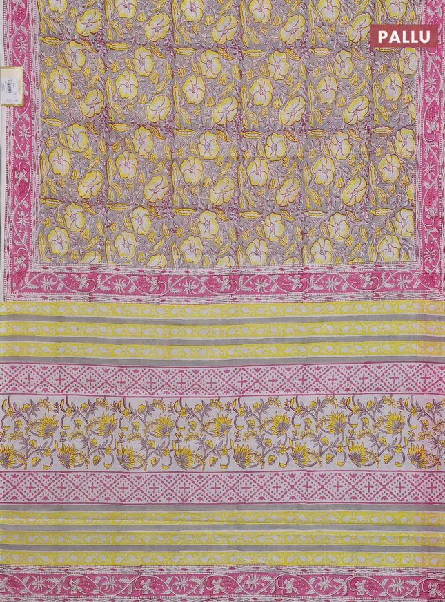 Jaipur cotton saree grey and pink with allover floral prints and printed border