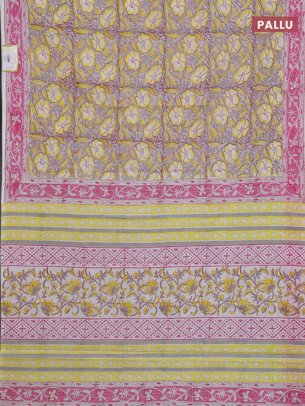 Jaipur cotton saree grey and pink with allover floral prints and printed border