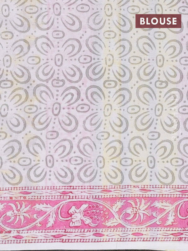 Jaipur cotton saree grey and pink with allover floral prints and printed border