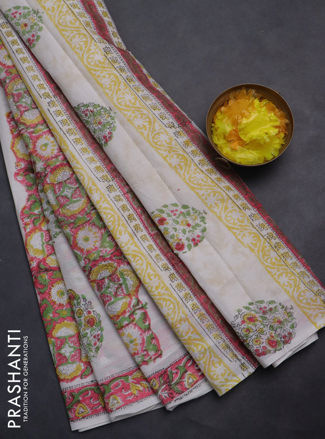 Jaipur cotton saree off white and peach pink with allover floral prints and printed border