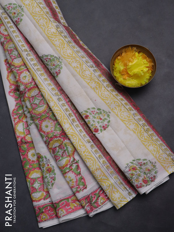 Jaipur cotton saree off white and peach pink with allover floral prints and printed border