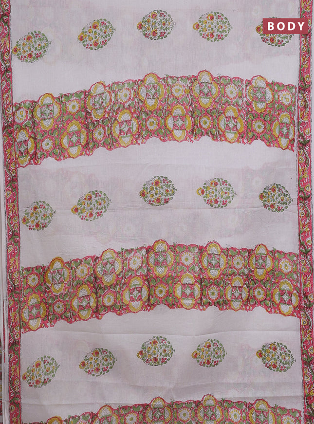 Jaipur cotton saree off white and peach pink with allover floral prints and printed border