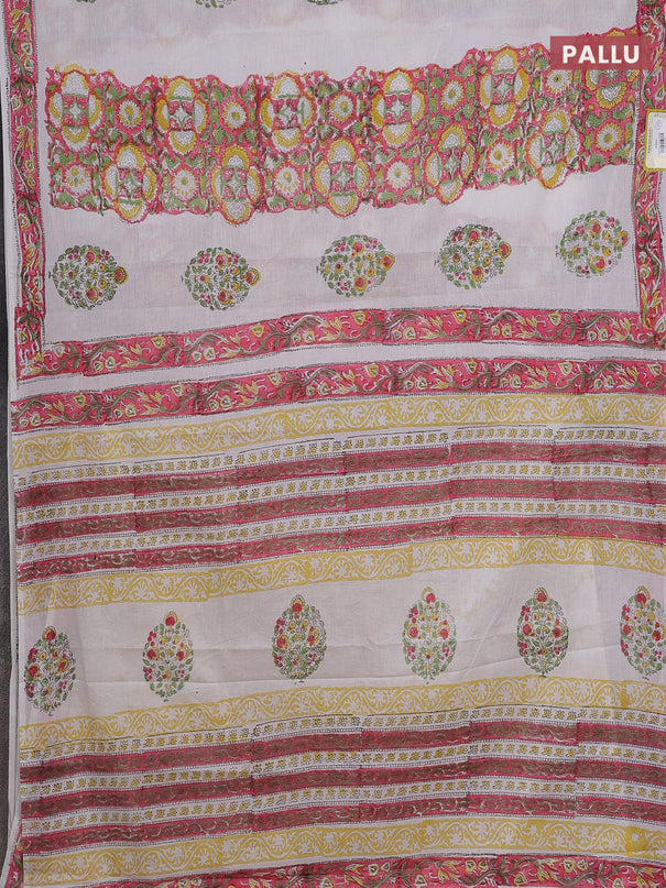 Jaipur cotton saree off white and peach pink with allover floral prints and printed border