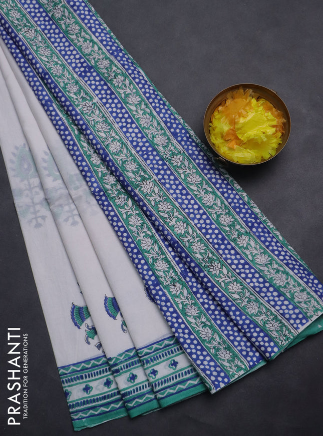Jaipur cotton saree off white and teal green with butta prints and printed border
