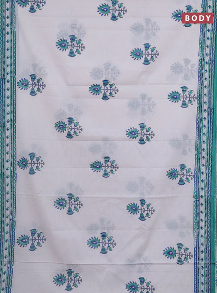 Jaipur cotton saree off white and teal green with butta prints and printed border