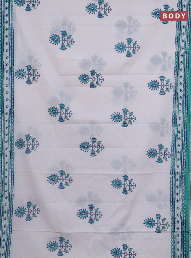 Jaipur cotton saree off white and teal green with butta prints and printed border