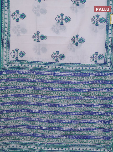 Jaipur cotton saree off white and teal green with butta prints and printed border