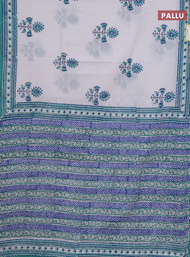 Jaipur cotton saree off white and teal green with butta prints and printed border