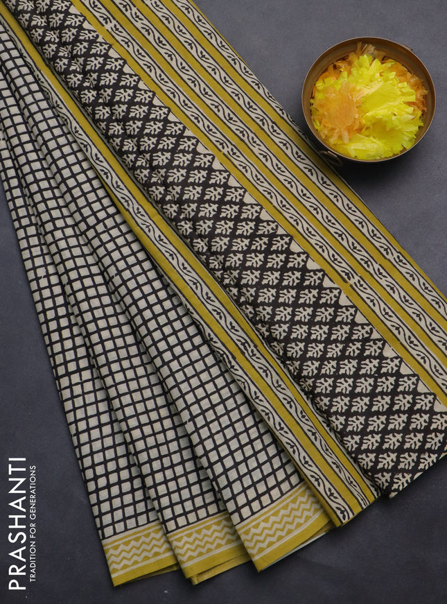 Jaipur cotton saree beige and yellow with allover checked pattern and printed border