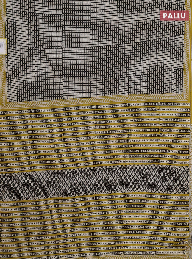 Jaipur cotton saree beige and yellow with allover checked pattern and printed border