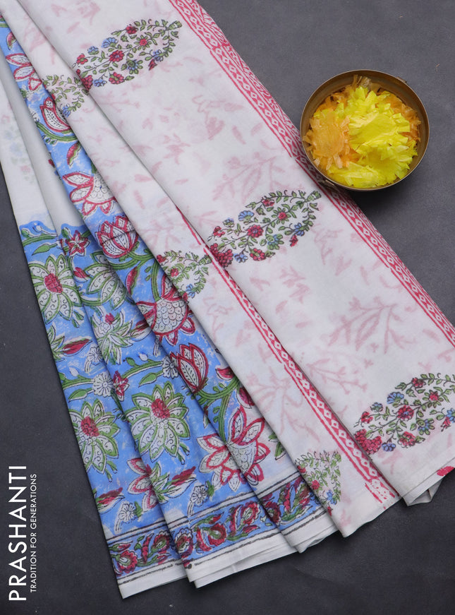 Jaipur cotton saree light blue and off white with allover floral prints and printed border