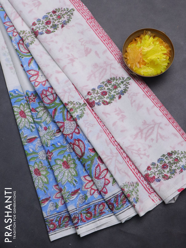 Jaipur cotton saree light blue and off white with allover floral prints and printed border