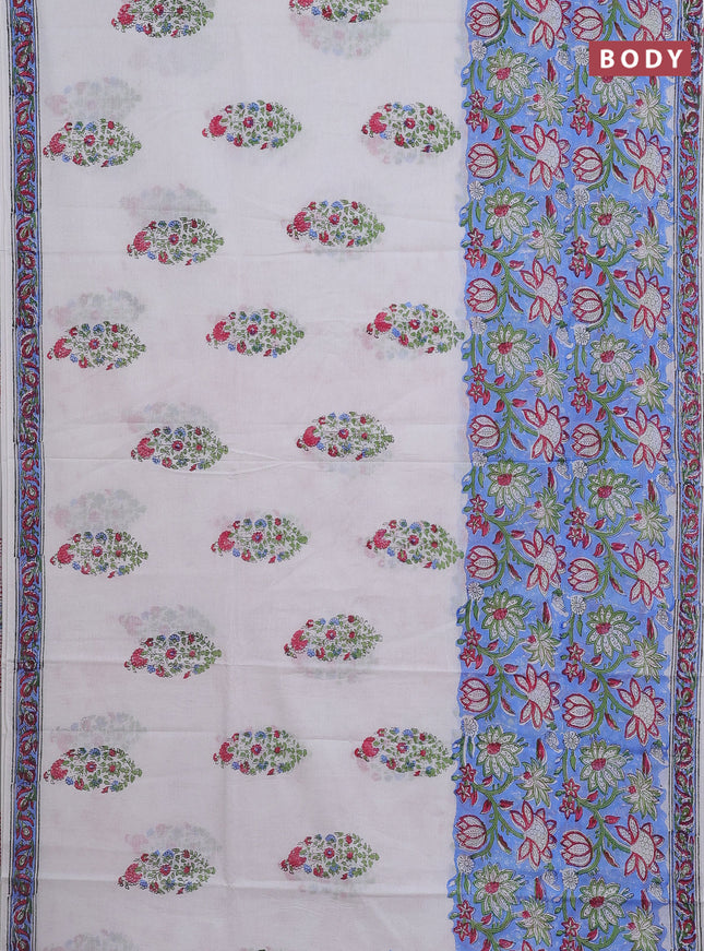 Jaipur cotton saree light blue and off white with allover floral prints and printed border