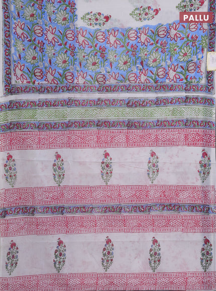 Jaipur cotton saree light blue and off white with allover floral prints and printed border