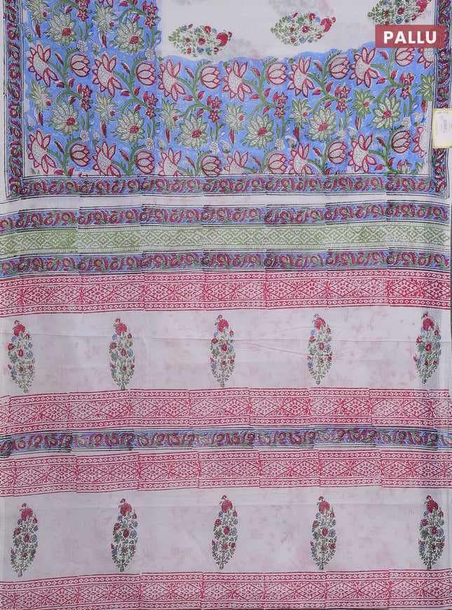 Jaipur cotton saree light blue and off white with allover floral prints and printed border