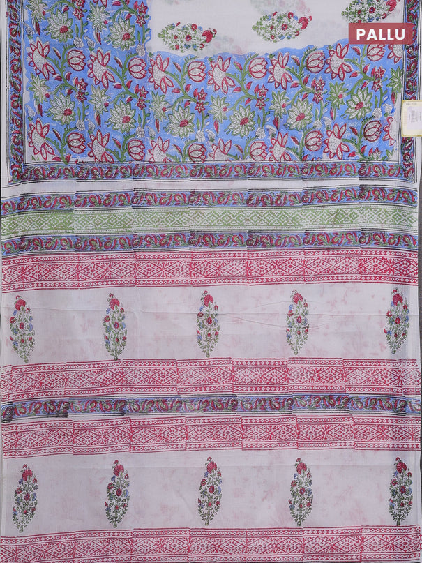 Jaipur cotton saree light blue and off white with allover floral prints and printed border