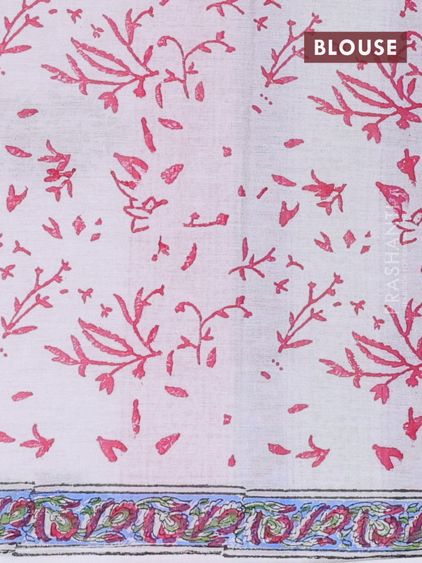 Jaipur cotton saree light blue and off white with allover floral prints and printed border