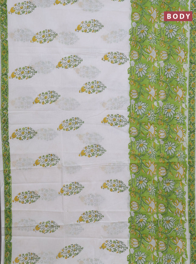 Jaipur cotton saree light green and off white with allover floral prints and printed border