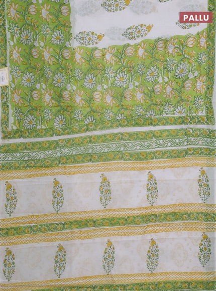 Jaipur cotton saree light green and off white with allover floral prints and printed border
