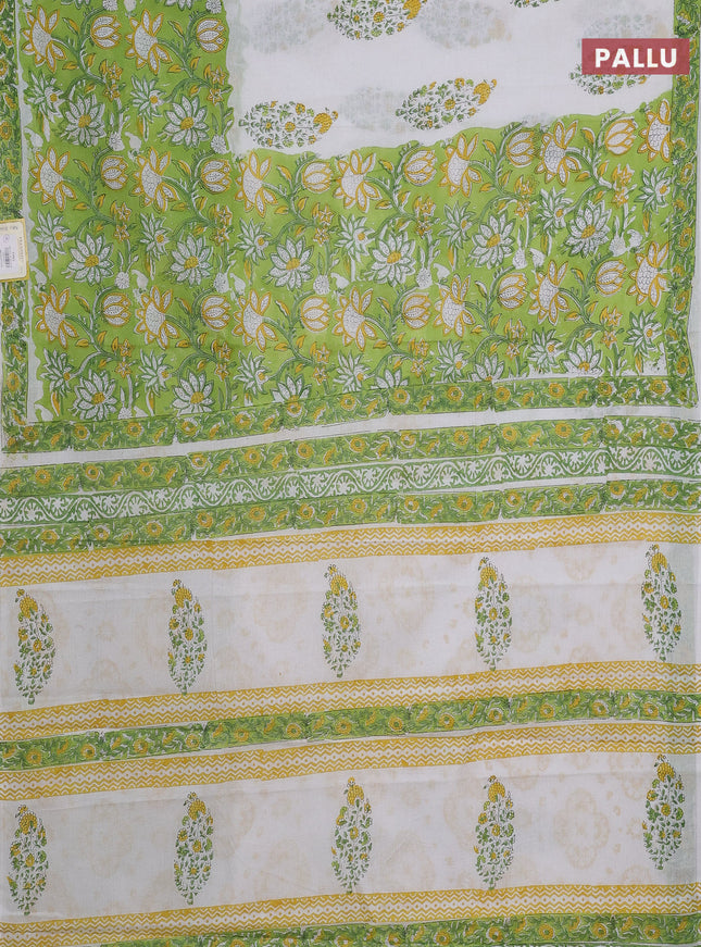 Jaipur cotton saree light green and off white with allover floral prints and printed border