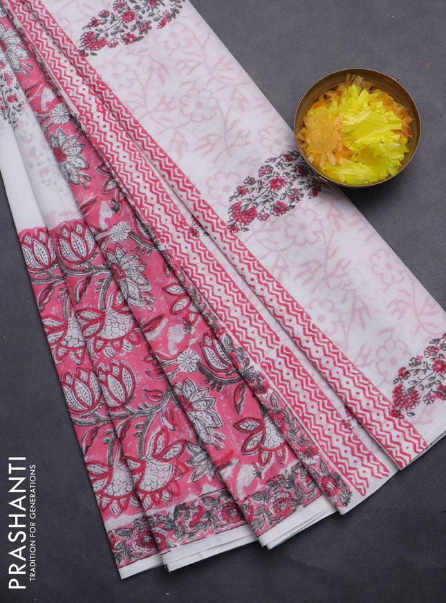 Jaipur cotton saree light pink and off white with allover floral prints and printed border