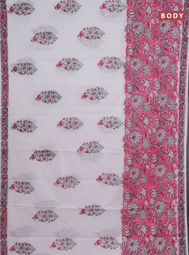 Jaipur cotton saree light pink and off white with allover floral prints and printed border