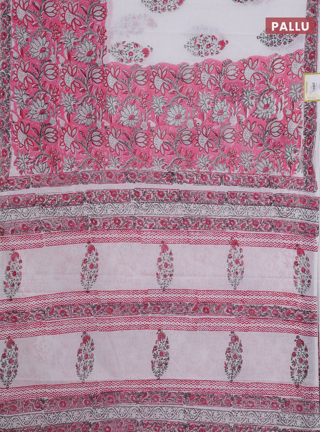 Jaipur cotton saree light pink and off white with allover floral prints and printed border