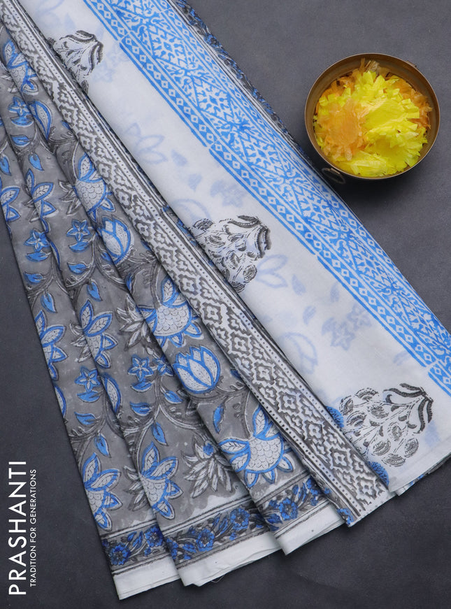 Jaipur cotton saree grey and off white with allover floral prints and printed border