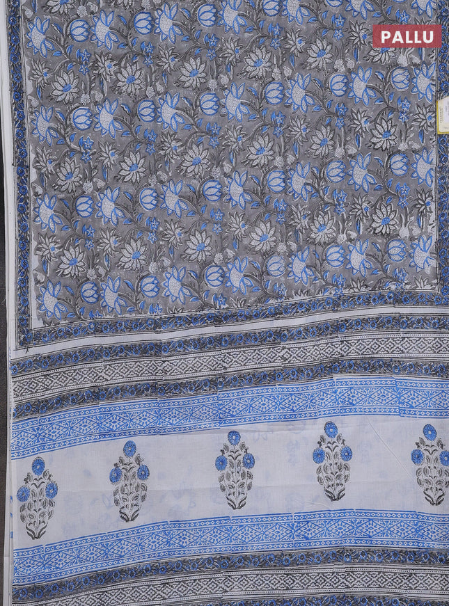 Jaipur cotton saree grey and off white with allover floral prints and printed border