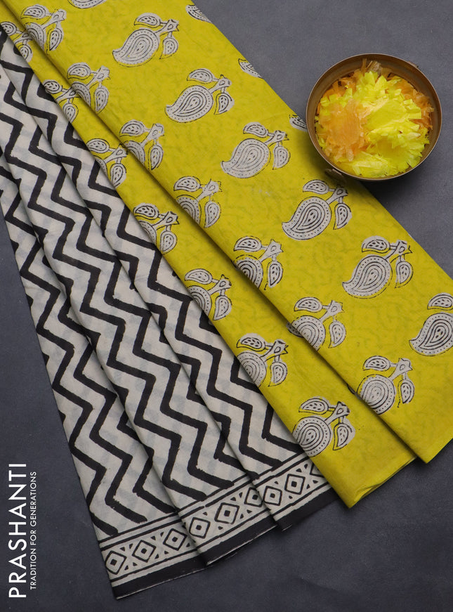 Jaipur cotton saree beige and black with allover zig zag prints and printed border